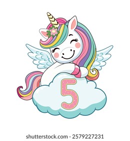 Cute humble unicorn with horn and wings hugs cloud with number 5
 on white background. Poster, Banner, Flyer, Greeting Card. Vector illustration in flat cartoon style