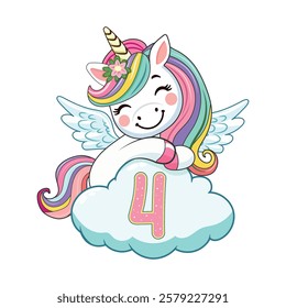 Cute humble unicorn with horn and wings hugs cloud with number 4 on white background. Poster, Banner, Flyer, Greeting Card. Vector illustration in flat cartoon style