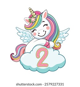 Cute humble unicorn with horn and wings hugs cloud with number 2 on white background. Poster, Banner, Flyer, Greeting Card. Vector illustration in flat cartoon style