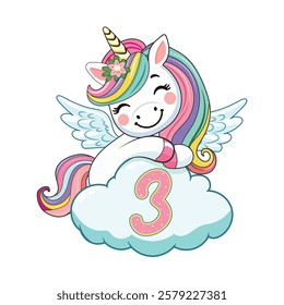 Cute humble unicorn with horn and wings hugs cloud with number 3 on white background. Poster, Banner, Flyer, Greeting Card. Vector illustration in flat cartoon style