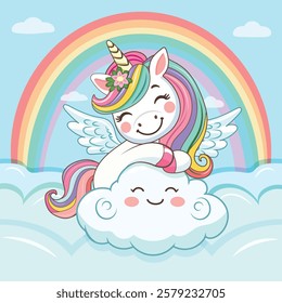 Cute humble unicorn with horn, wings and with a rainbow, hugs the cloud. Poster, Banner, Flyer, Greeting Card. Vector illustration in flat cartoon style