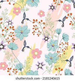 Cute humming bird in wild flower  seamless pattern 