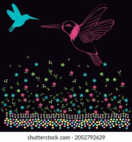 cute hummingbird with small colorful flowers and black background