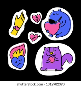 Cute humor cartoon illustration with animals and hearts. Valentine, love, heartbreaker. Perfect for stickers and patches. Doodle vector set. Hand draw.