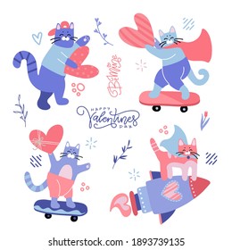 Cute humor cartoon illustrations set with teenage cats and hearts. Valentine, love, heartbreaker. Perfect for stickers and patches. Doodle flat vector vector collection. Hand drawn characters