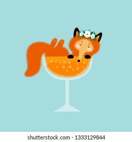 Cute humor fox. Foxy. Glass of wine. Hand drawn vector character. Animal flat clipart. Cartoon for game, book, t-shirt, cards, print, textile, poster