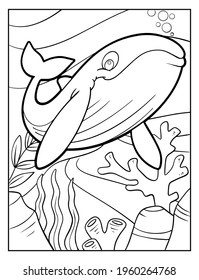 Cute humpback whale black and white cartoon vector illustration with underwater background for coloring page.