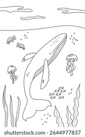 Cute humpback whale in line art, marine life illustration for coloring