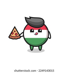 cute hungary flag badge cartoon eating pizza , cute style design for t shirt, sticker, logo element