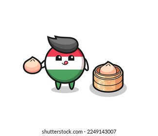 cute hungary flag badge character eating steamed buns , cute style design for t shirt, sticker, logo element