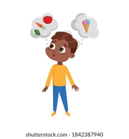 Cute Hungry African American Boy Want to Eat, Kid Choosing Between Healthy and Unhealthy Food Cartoon Style Vector Illustration