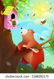 Árbol de remolinos de oso de peluche con hambre de miel, historia divertida para niños con carácter animal. Oso lindo y abejas furiosas, caricatura vectorial graciosa para los niños.