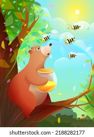 Cute hungry baby teddy bear climbing tree for honey and angry bees, fun story for kids with animal characters. Cute bear on tree and angry bees, vector hilarious cartoon for children.