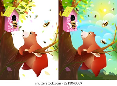 Cute hungry bear climbing high on tree for honey. Funny teddy bear and angry honey bee protecting the beehive. Nature forest landscape and animals illustration for kids. Vector cartoon.