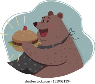 Cute hungry bear eat big burger. Colour vector funny illustration.
