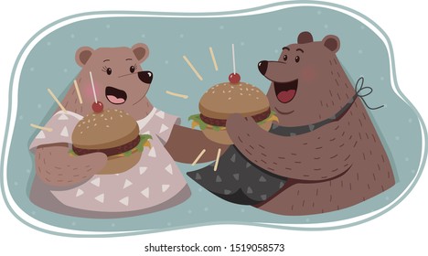 Cute hungry bears eat big burgers. Colour vector funny illustration.
