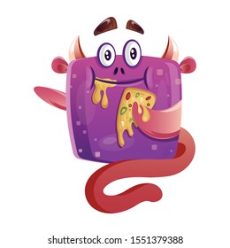 Cute Hungry Boxy Purple Monster/creature Eating Pizza And Waving His Another Hand. Vector Illustration Isolated On White Background 