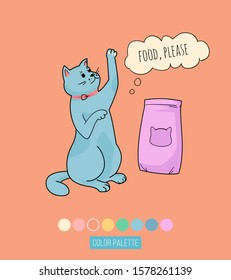 Cute hungry cat, asks to eat- quote print. Сat shouts meow, asks to feed, isolated - sticker, patch badge, vector doodle icon. Talking Cat, doodle illustration with phrase in bubble speech.