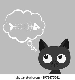 Cute hungry cat or kitten thinking about fish. Cartoon character, animal collection. Fish bone, fishbone skeleton in thoughts bubble. Vector illustration 