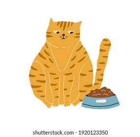 Cute hungry cat looking at bowl with food isolated on white background. Adorable big fat ginger kitty sitting near its feeder. Hand-drawn colored flat vector illustration in doodle style