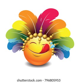 Cute hungry emoticon isolated on white background with carnival headdress -emoji - smiley - vector illustration