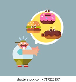 Cute hungry fat boy with fast food. Cartoon style character, flat vector illustration.