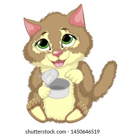 Cute hungry homeless cat  with a tin jar.Raising money for animals.Vector cartoon illustration.Homeless animal donations