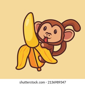 cute hungry monkey want to eat giant banana. isolated cartoon animal nature illustration. Flat Style suitable for Sticker Icon Design Premium Logo vector. Mascot Character