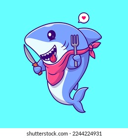 Cute Hungry Hai Holding Knife und Gabelkartoon Vektorsymbol Illustration. Tierisches Lebensmittelsymbol Konzept isolierter Premium-Vektorgrafik. Flachbildkartonstil