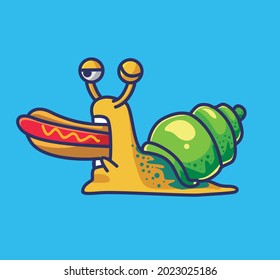 Cute hungry snail eating hotdog. Animal Isolated Cartoon Flat Style Icon illustration Premium Vector Logo Sticker Mascot
