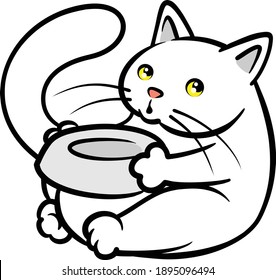 A Cute Hungry White Cat Wanting Food Holding A Bowl