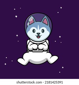 Cute Husky Astronaut Floating Cartoon Vector Icon Illustration. Animal Science Flat Cartoon Concept