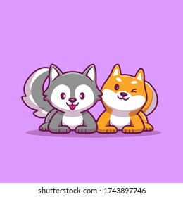 Cute Husky And Corgi Dog Cartoon Vector Icon Illustration. Animal Food Icon Concept Isolated Premium Vector. Flat Cartoon Style 