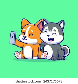 Cute Husky And Corgi Dog Selfie With Phone Cartoon Vector Icon Illustration. Animal Technology Icon Concept Isolated Premium Vector. Flat Cartoon Style