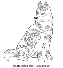 Cute husky dog. Adult coloring book page in mandala style