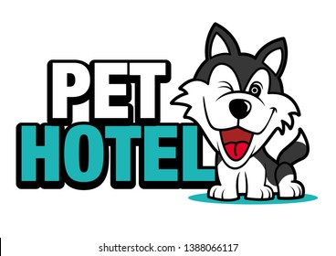 Cute husky dog with a big signboard, pet hotel vector illustration logo