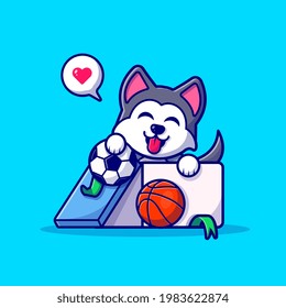 Cute Husky Dog In Box With Ball Cartoon Vector Icon Illustration. Animal Sport Icon Concept Isolated Premium Vector. Flat Cartoon Style