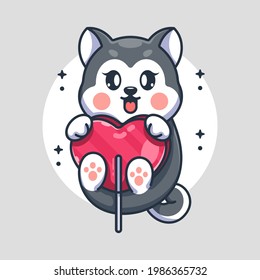 Cute husky dog with candy heart cartoon