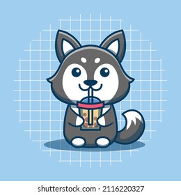 Cute husky dog character drinking boba vector illustration. Flat cartoon style. Isolated cute husky dog concept.