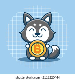 Cute husky dog character hugging bitcoin vector illustration. Flat cartoon style. Isolated cute husky dog concept.