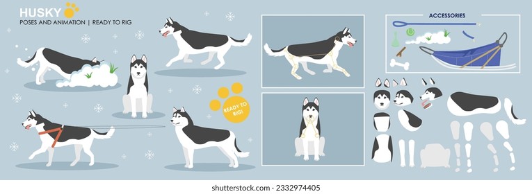 Cute Husky Hund Charakter bereit zu animieren und Rig, Sammlung von mehreren Posen und Winkel. Husky Hund Schlitten, Laufen, Sitzen, Graben. 