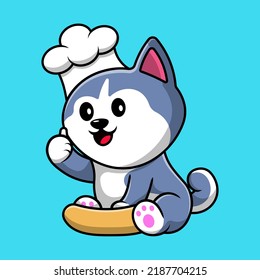 Cute Husky Dog Chef Cooking Cartoon Vector Icon Illustration. Animal Food Flat Cartoon Concept