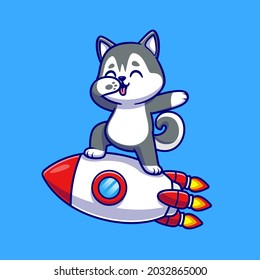 Cute Husky Dog Dabbing On Rocket Cartoon Vector Icon Illustration. Animal Technology Icon Concept Isolated Premium Vector. Flat Cartoon Style 