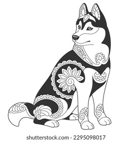 Cute husky dog design. Animal coloring page with mandala and zentangle ornaments