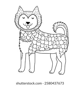 Cute husky dog in doodle style isolated on white background. Hand drawn husky character in outline for coloring page or prints. Vector illustration