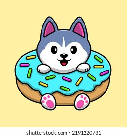 Cute Husky Dog In Doughnut Cartoon Vector Icon Illustration. Flat Cartoon Concept