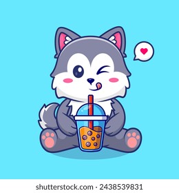 Cute Husky Dog Drinking Boba Milk Tea Cartoon Vector Icon Illustration. Animal Drink Icon Concept Isolated Premium Vector. Flat Cartoon Style