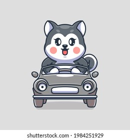 Cute husky dog driving the car cartoon