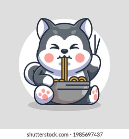 Cute husky dog eat ramen noodle cartoon