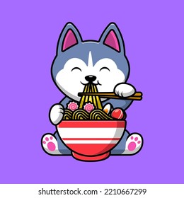 Cute Husky Dog Eating Ramen Noodle Cartoon Vector Icons Illustration. Flat Cartoon Concept. Suitable for any creative project.